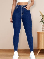 High Rise Skinny Jeans Zipper Button Closure Dark Denim Women's Clothing