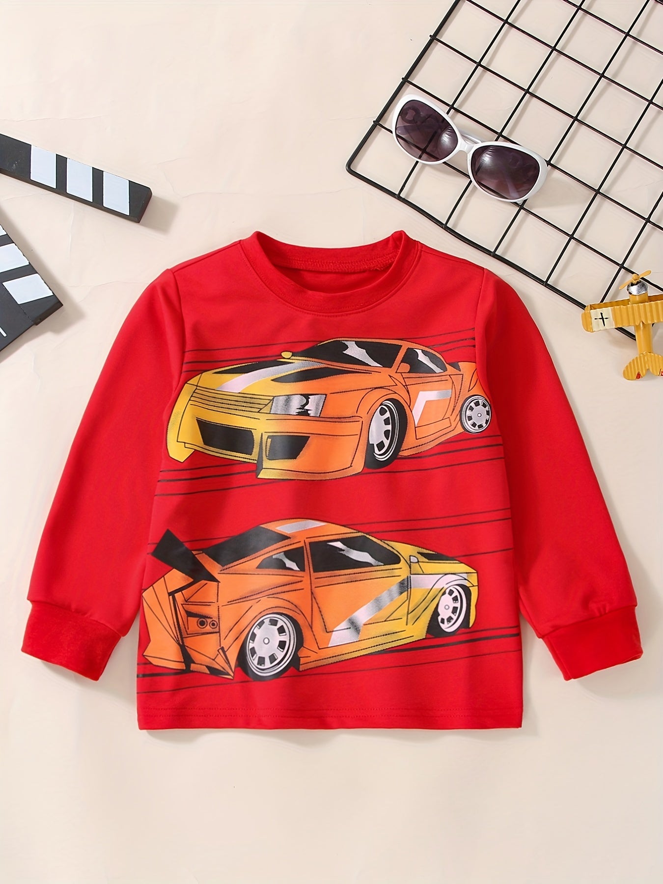 Boys Racing Car Print Sweatshirt Long Sleeve Crew Neck Tops