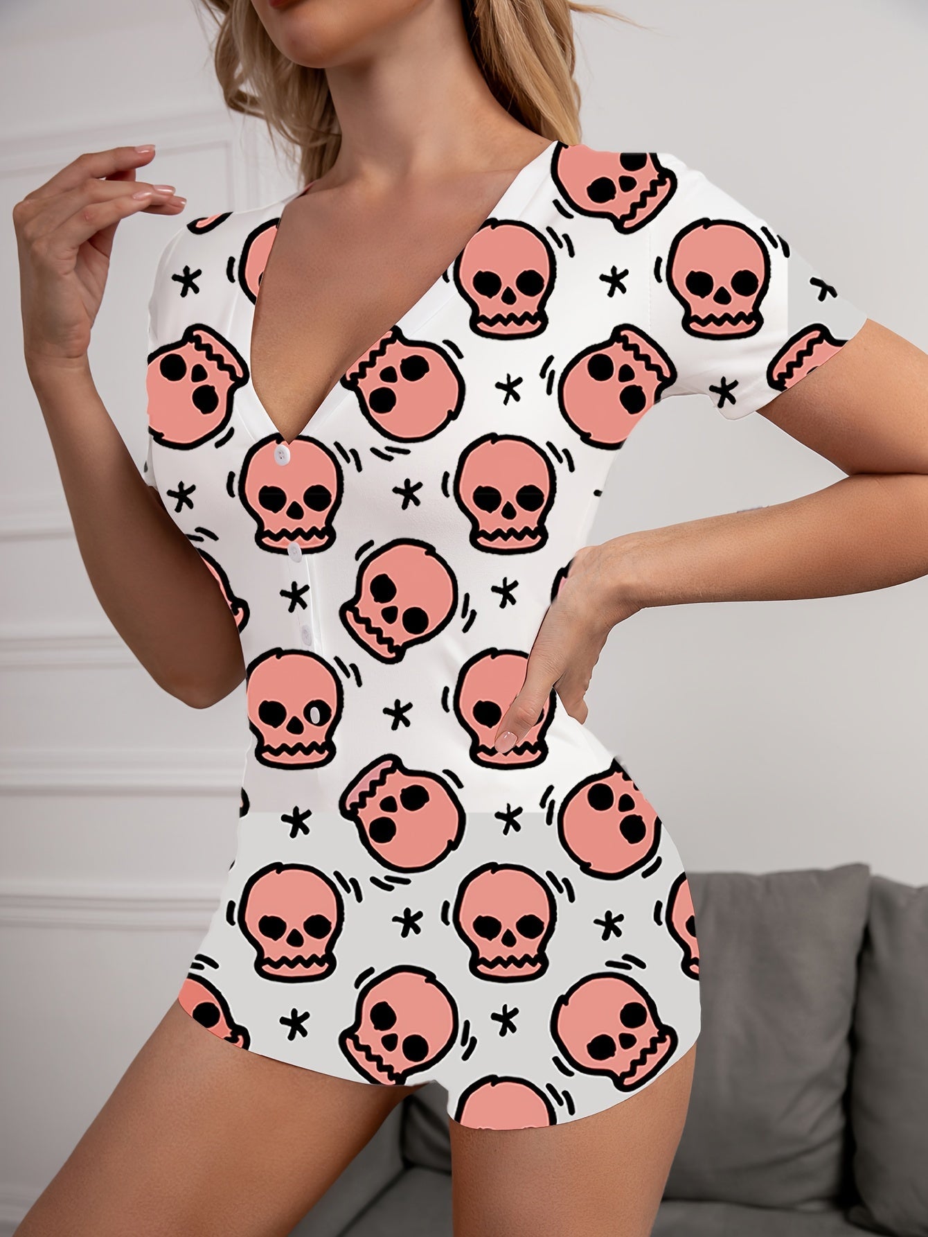 Skull Print Buttons Pajama Romper Short Sleeve V Neck Pajamas