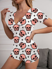 Skull Print Buttons Pajama Romper Short Sleeve V Neck Pajamas