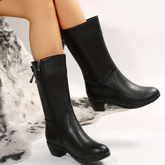 Women's Plush Lined Mid Calf Boots Chunky Heel Side Zipper Round Toe