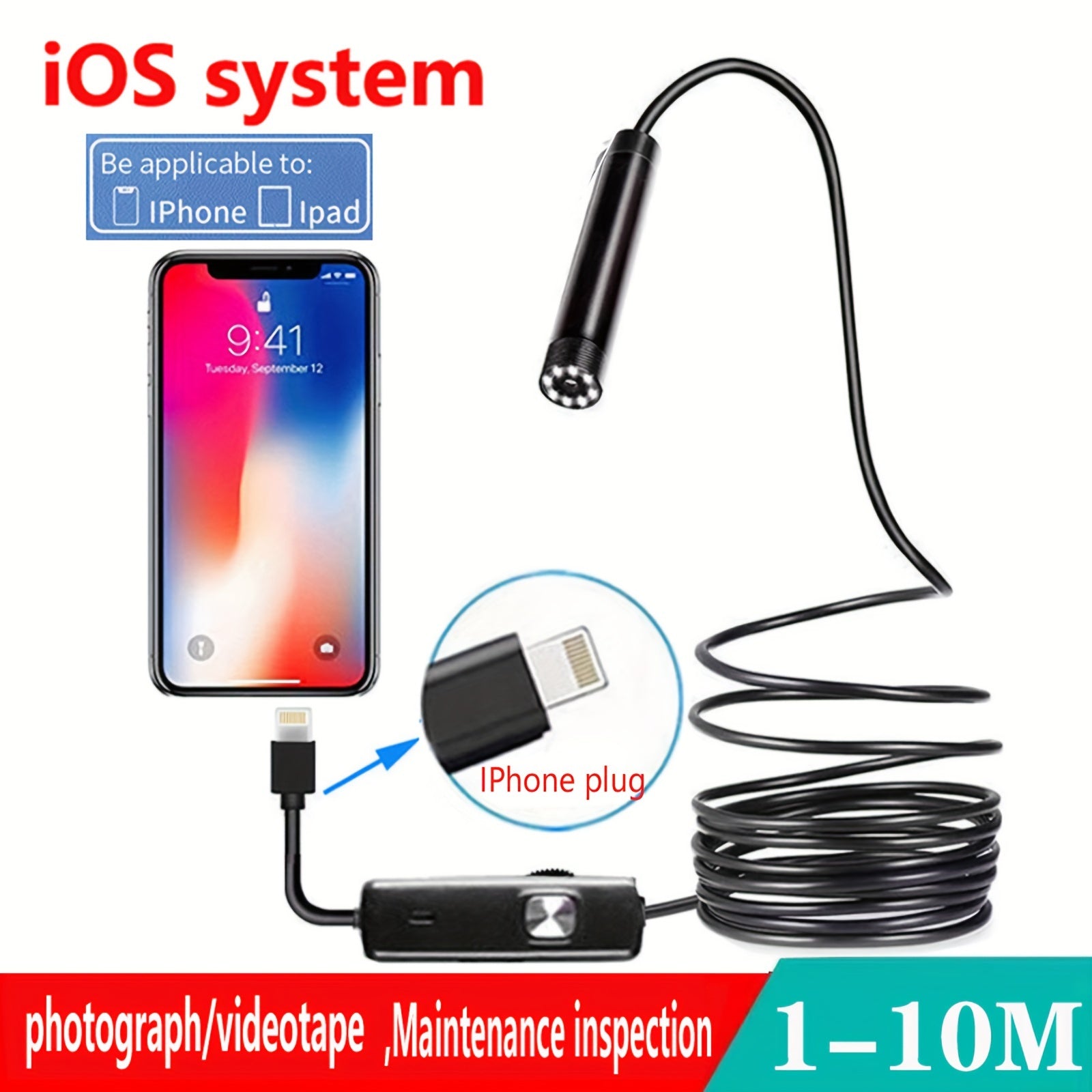 HD Industrial Endoscope Camera 1m10m Wired Pipe Inspection Borescope 8MM Lens