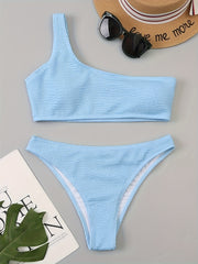 Green Embossed Striped Print Bikini Set One Shoulder High Cut 2 Pieces Swimsuit