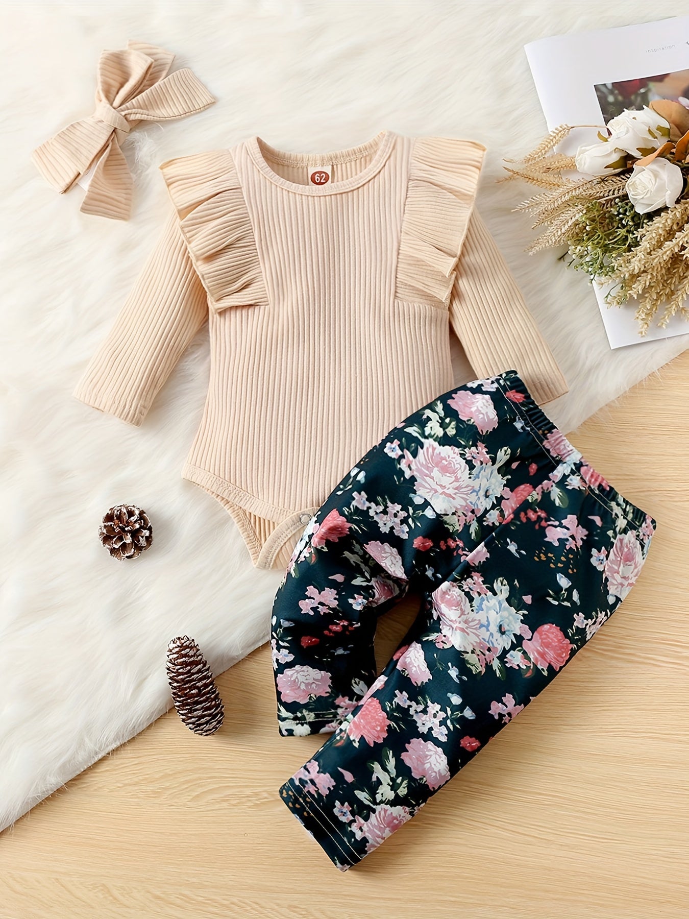 Baby Girls Ruffle Trim Bodysuit Floral Pants Set Outfit