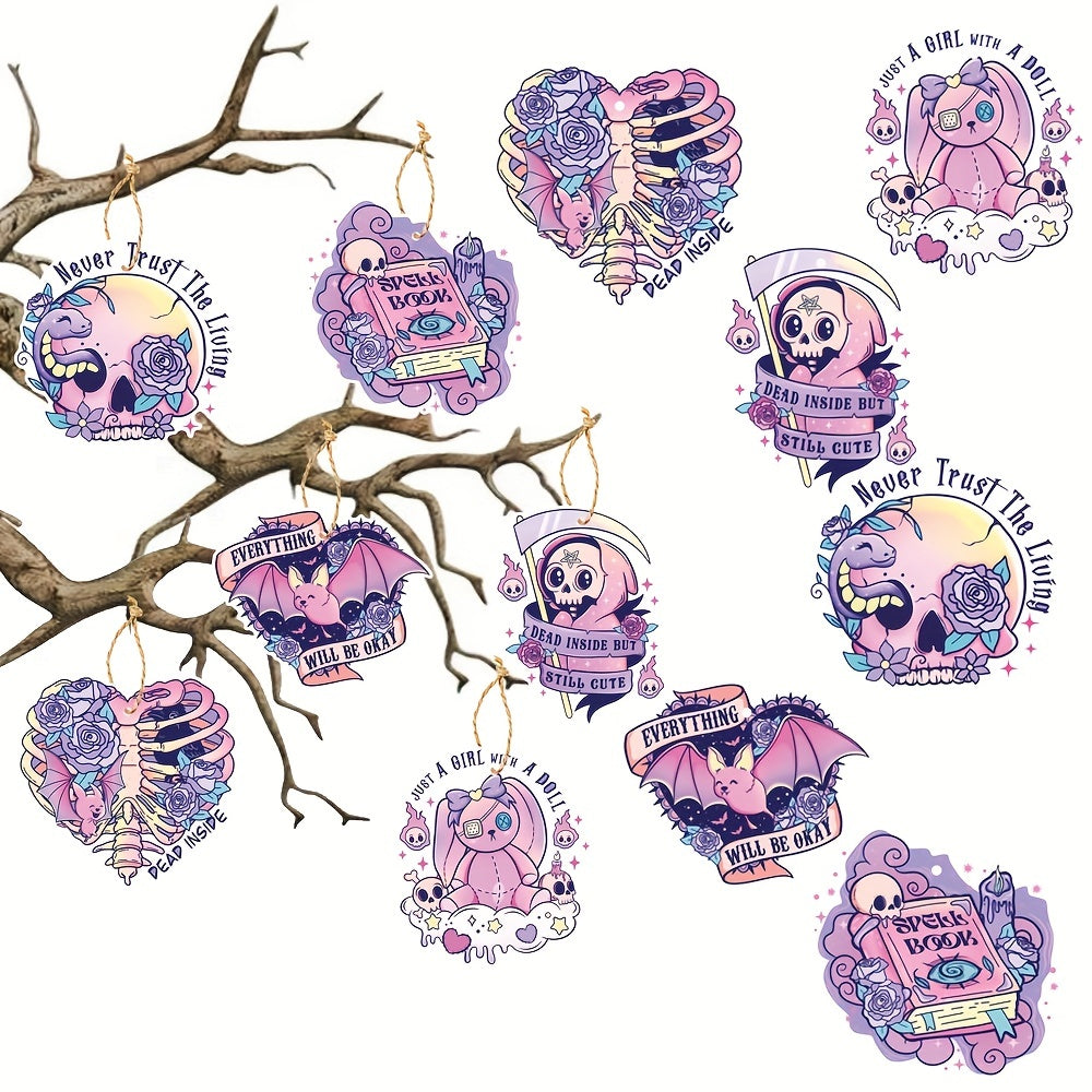 6Pcs Halloween Hanging Ornaments Pink Decor Skulls Bat Heart Bear Spiders
