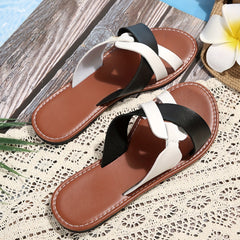 Women's Cross Strap Flat Slides Colorblock Open Toe Sandals