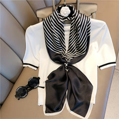 Striped Shawl & Satin Square Scarf Bandana Silk Head Wrap