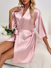 Satin V-Neck Robe Half Sleeve Nightwear With Belt
