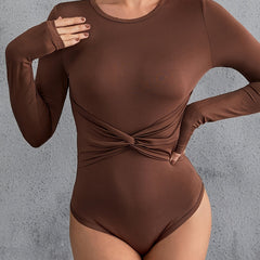 Solid Twist Front Long Sleeve Bodysuit Women's Clothing