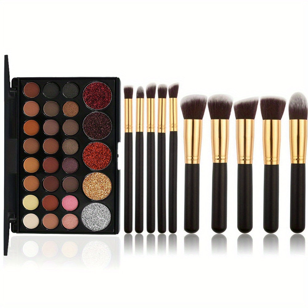 29 Colors Eyeshadow Palette Set Pearly Matte Glitter Finish & 10 Brushes