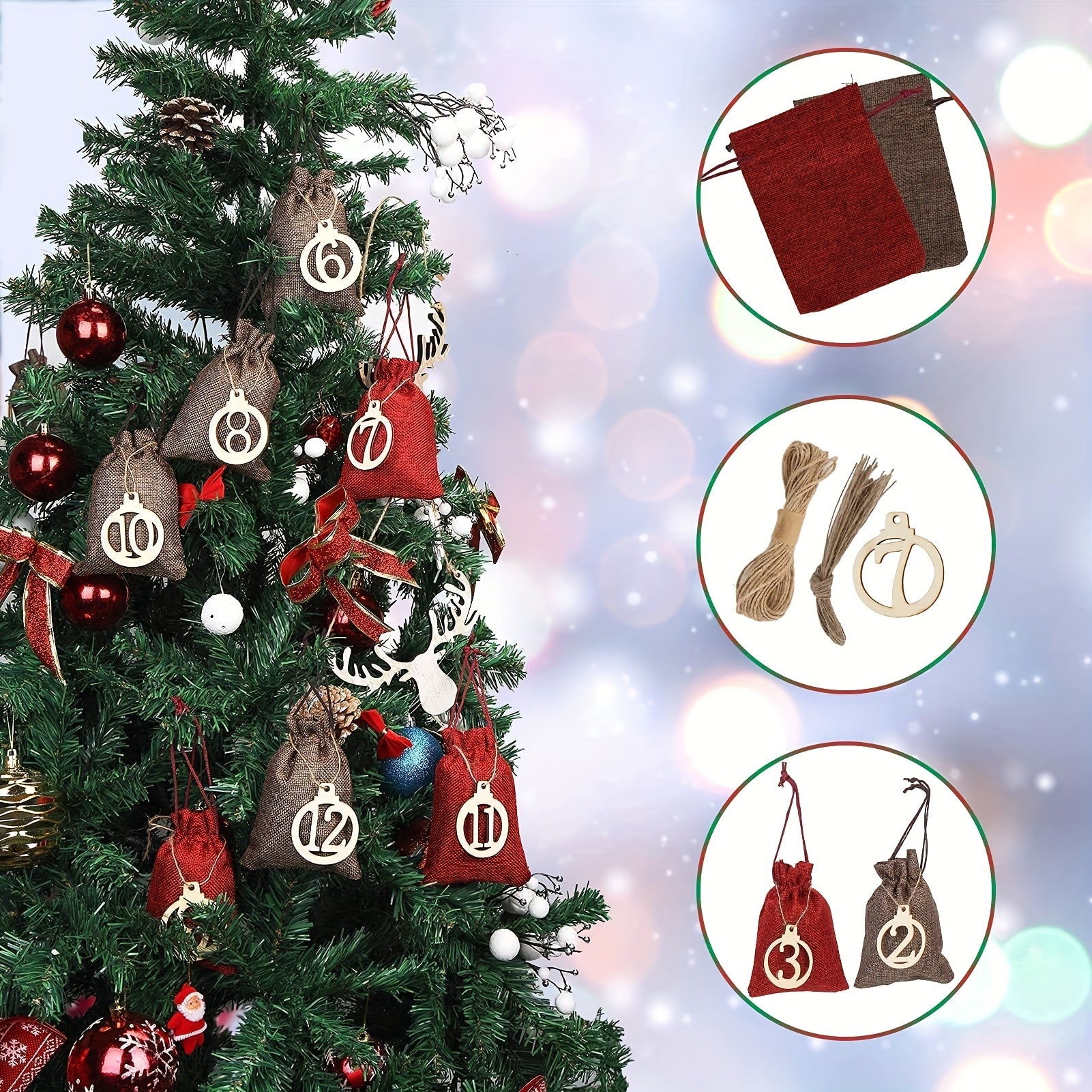 24 Christmas Countdown Bags Advent Calendar Burlap Bags With Wooden Labels
