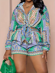 Boho Outfits: Scarf Print Shirt Top & Shorts Two Piece Set