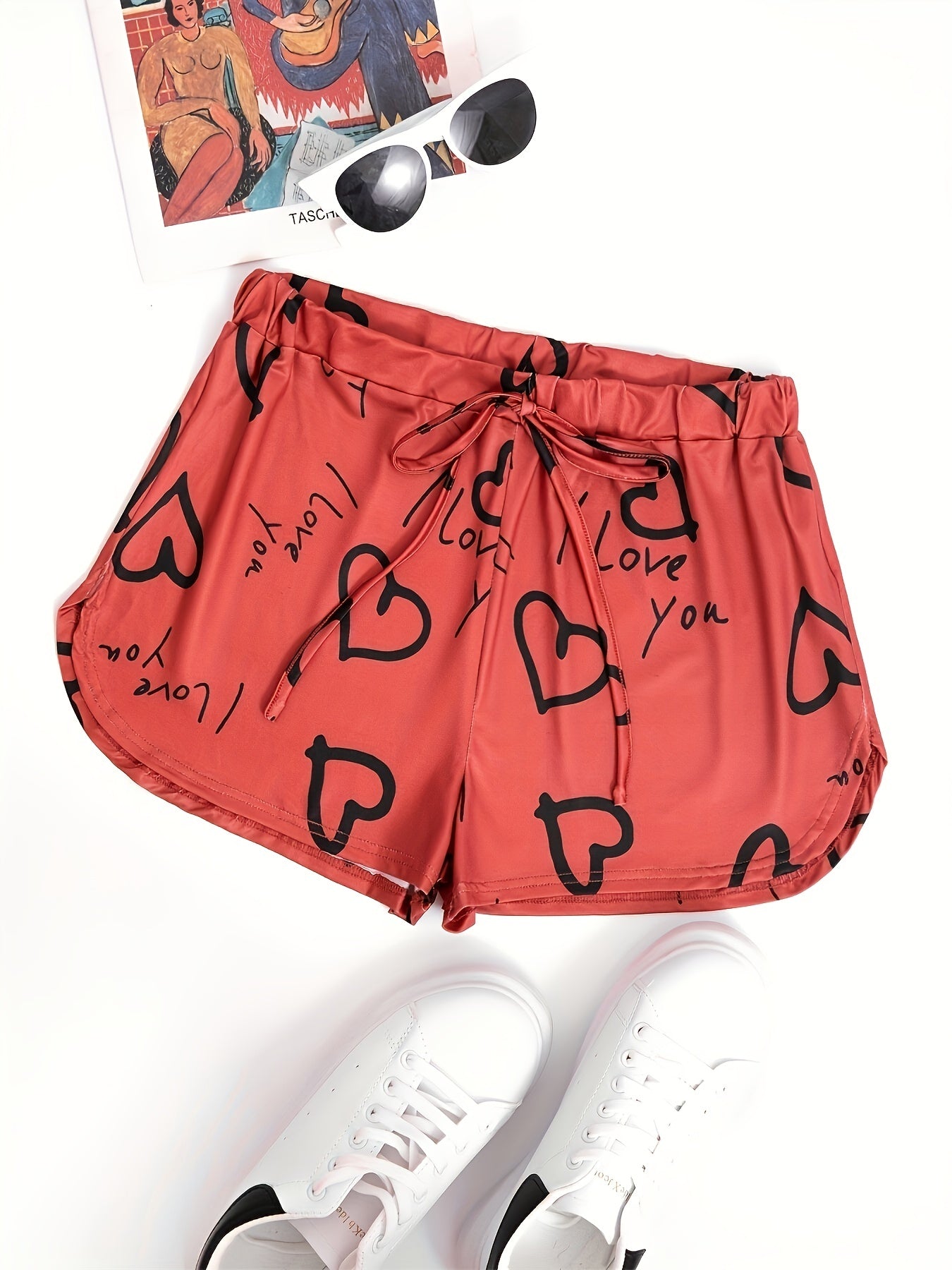 Heart Print Drawstring Shorts for Women