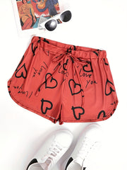 Heart Print Drawstring Shorts for Women
