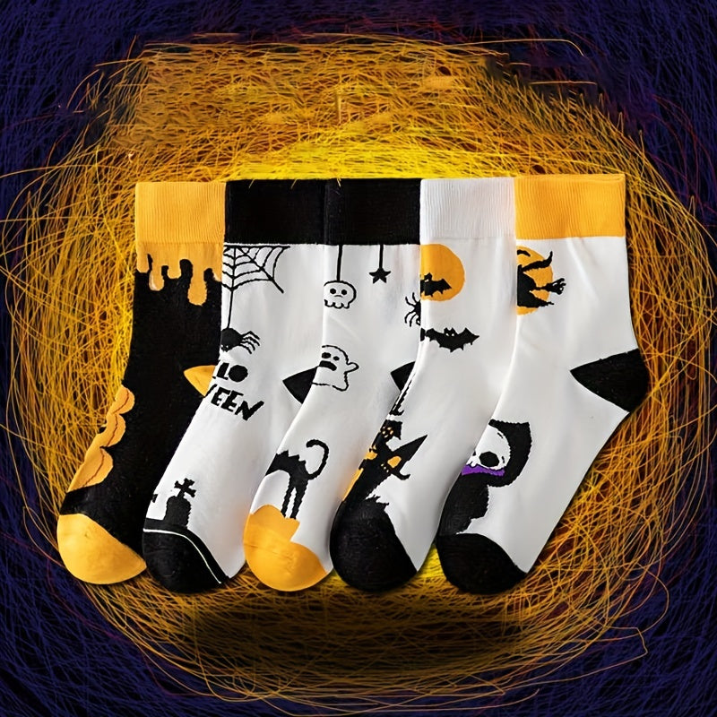 5 Pairs Skull & Bat Print Halloween Crew Socks Women's Stockings & Hosiery