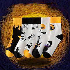 5 Pairs Skull & Bat Print Halloween Crew Socks Women's Stockings & Hosiery