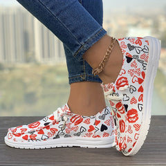 Women's Lips & Heart Canvas Shoes Low Sporty Flats Lace-up Sneakers