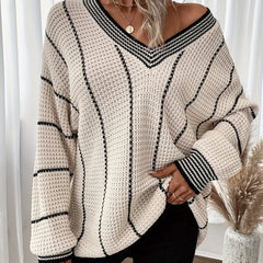 Striped V Neck Pullover Sweater Casual Long Sleeve Loose Sweater