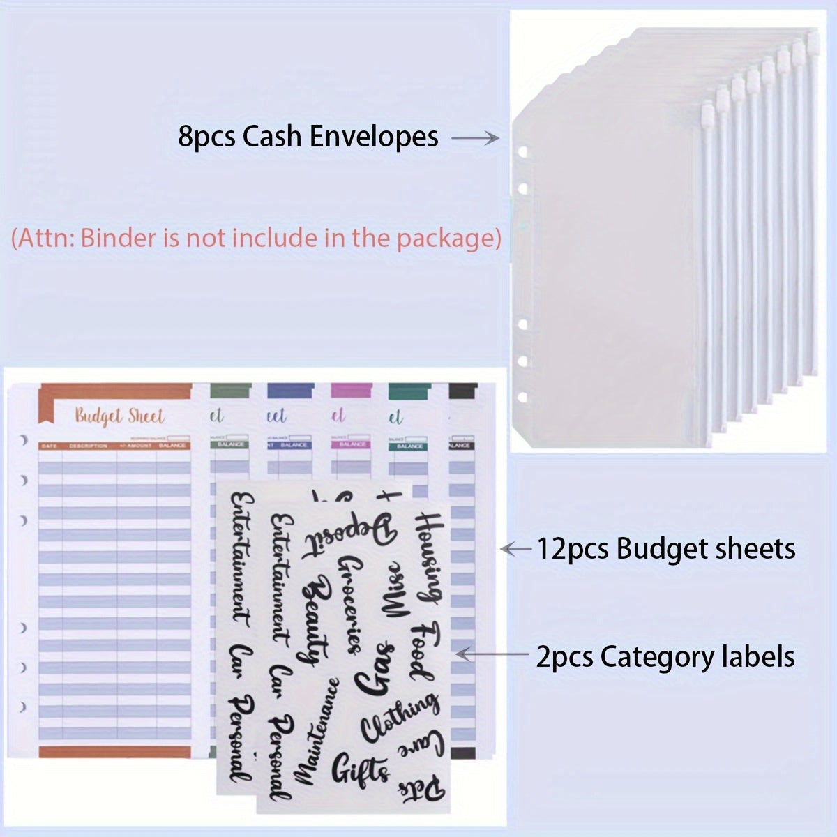 8pcs A6 Waterproof PVC Cash Envelopes for 6 Ring Binder