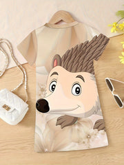 Cute Hedgehog Graphic Dress for Girls - Summer Short Sleeve