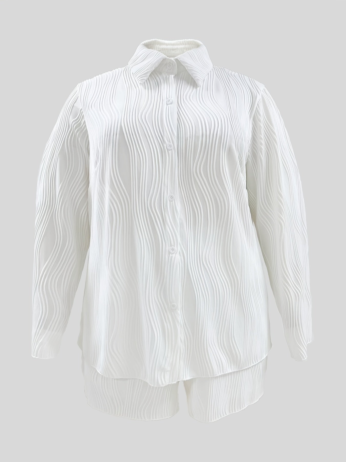 Wave Textured Long Sleeve Shirt & Shorts Outfit Set