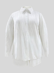 Wave Textured Long Sleeve Shirt & Shorts Outfit Set