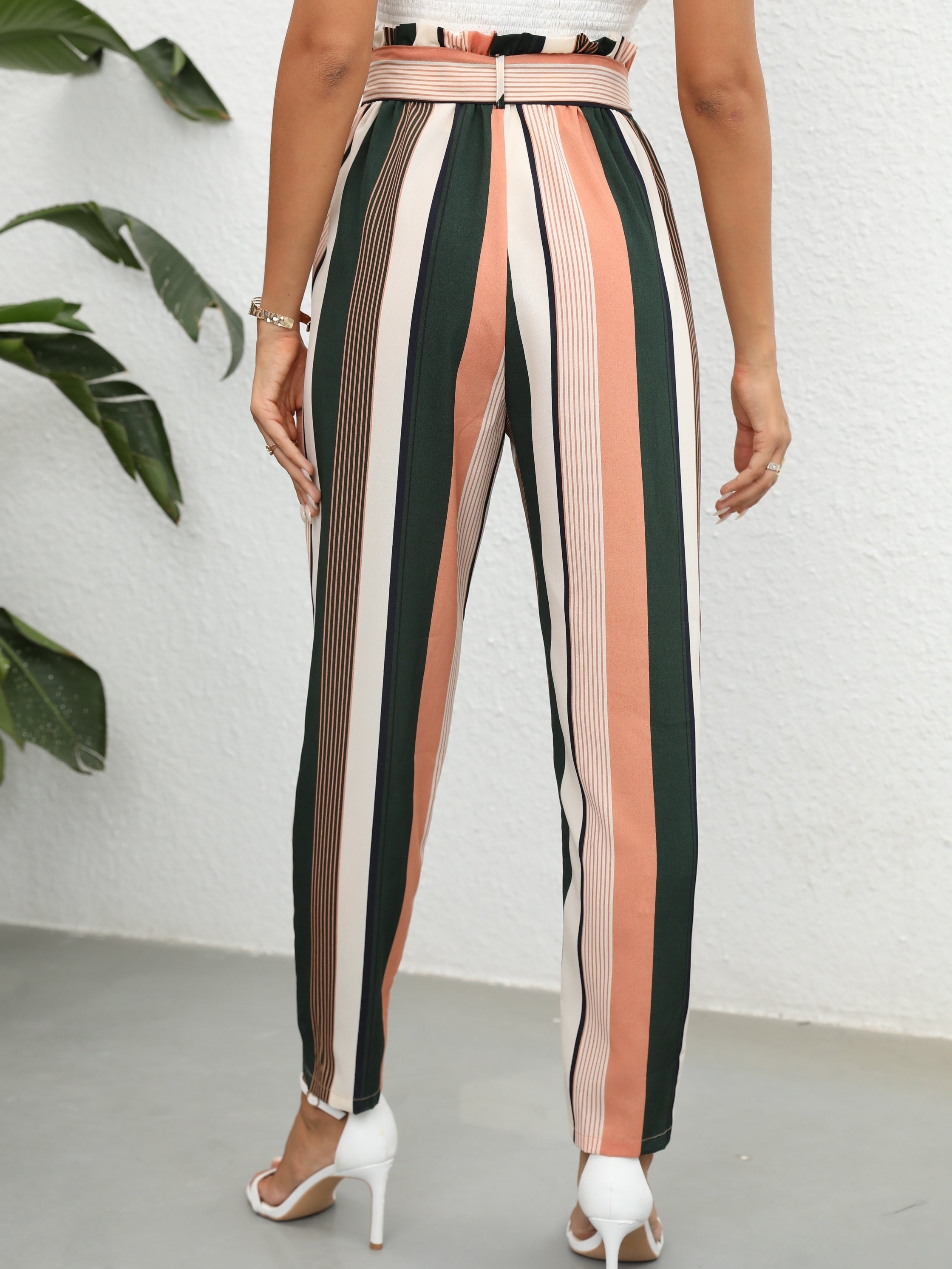 High Waist Belted Printed Casual Pants
