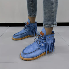 Women's Tassel Flat Ankle Boots Lace Up Anti skid High Top Boots