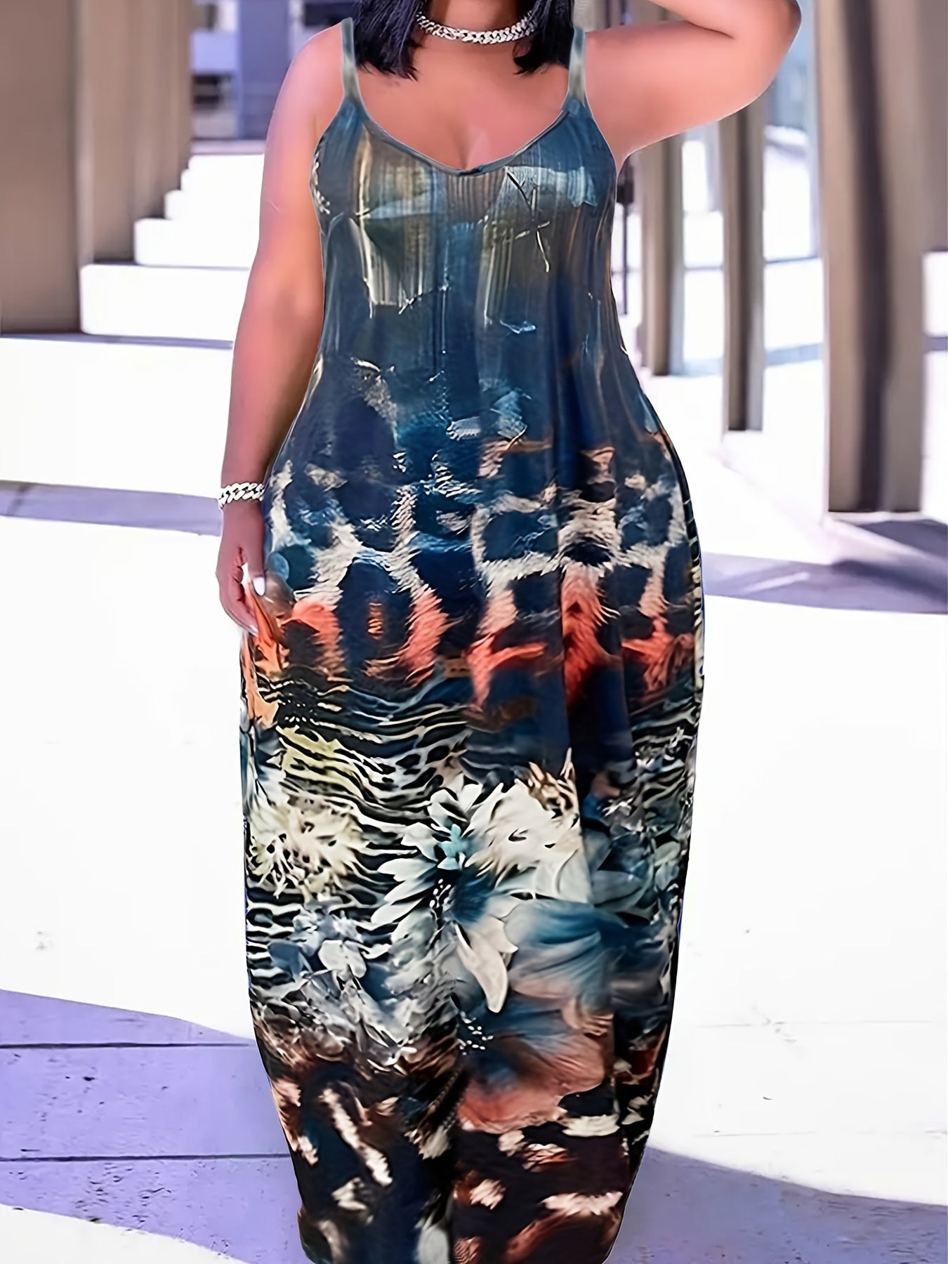 Colorblock Leopard & Floral Print Maxi Cami Dress