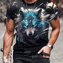 Men's 3D Wolf T-shirt Stretchy Breathable Tee for Spring Fall Outdoor