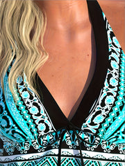 Boho Tankini Set Geo Print V Neck Halter Top & Shorts Swimsuit