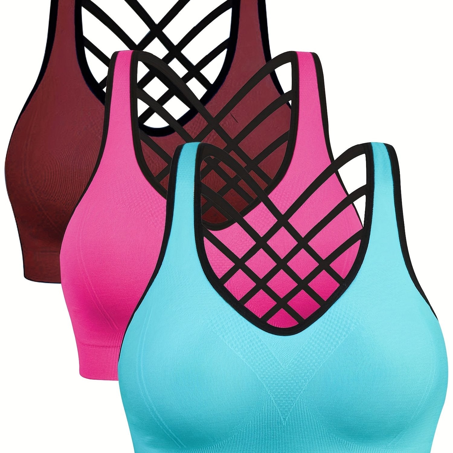 3 Pack Plus Size Sports Bra Solid Contrast Trim Criss Cross Back