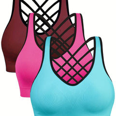 3 Pack Plus Size Sports Bra Solid Contrast Trim Criss Cross Back