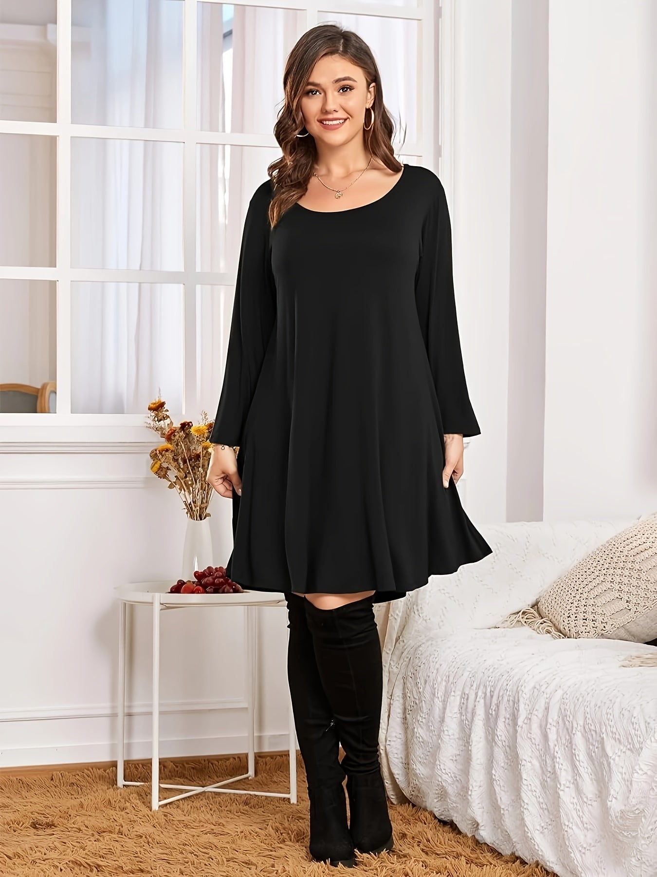 Casual Dress Women's Solid Long Sleeve Loose Fit Mini Dress