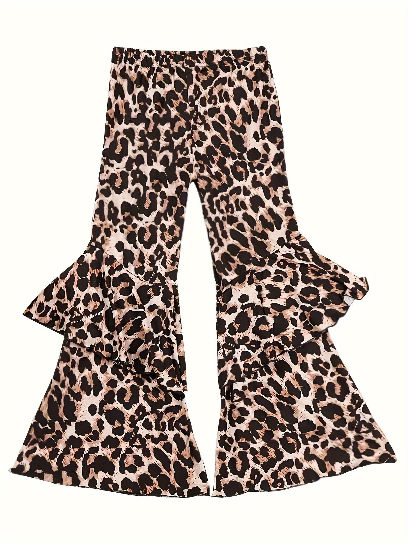 Leopard Print Flare Pants with Ruffle Trim for Girls