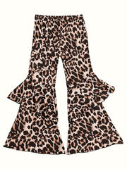 Leopard Print Flare Pants with Ruffle Trim for Girls