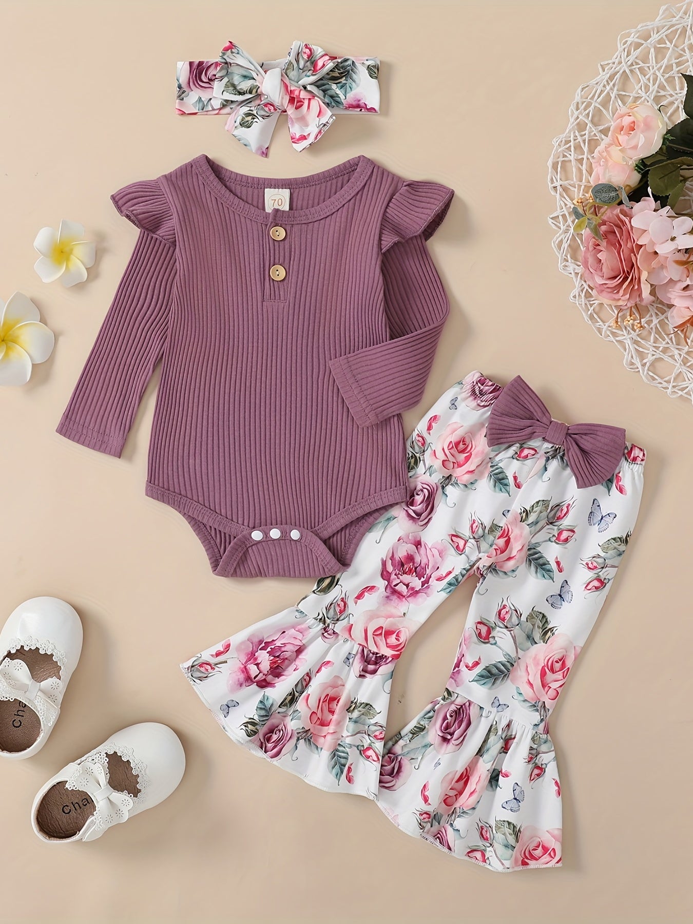 Baby Girls Ribbed Ruffle Long Sleeve Romper Cow Print Flared Pants