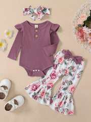 Baby Girls Ribbed Ruffle Long Sleeve Romper Cow Print Flared Pants