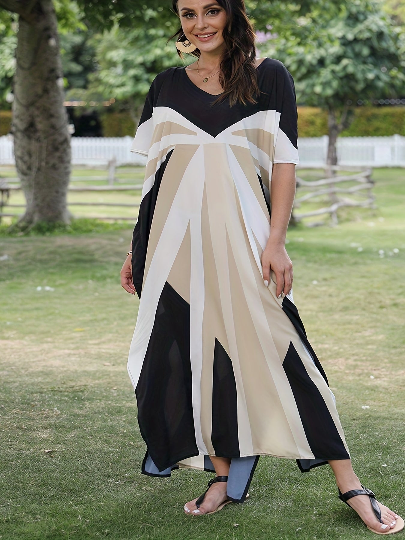 Geometric Print V-Neck Cover Up Dress