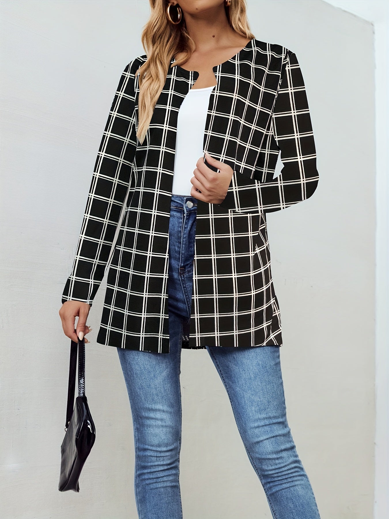 Windowpane Print Open Front Jacket Casual Long Sleeve