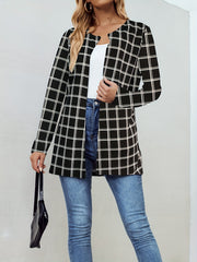 Windowpane Print Open Front Jacket Casual Long Sleeve