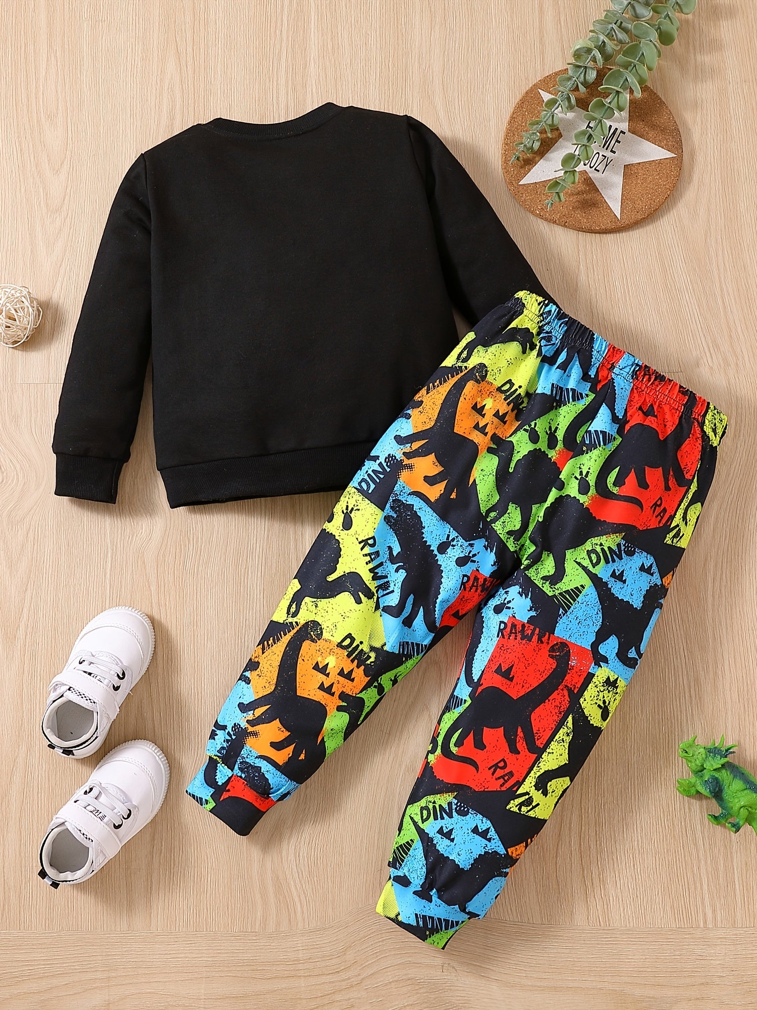 2pcs Baby Boys Pullover Sweatshirt & Dinosaur Print Pants Set Kids Clothes