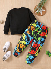 2pcs Baby Boys Pullover Sweatshirt & Dinosaur Print Pants Set Kids Clothes