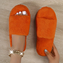 Women's Plush Winter House Slippers Open Toe Fluffy Platform Slides