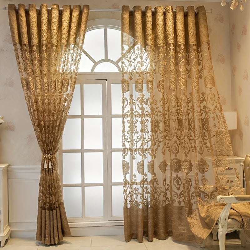 1pc Coffee European Embroidered Hollow Window Sheer Curtains