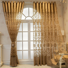 1pc Coffee European Embroidered Hollow Window Sheer Curtains