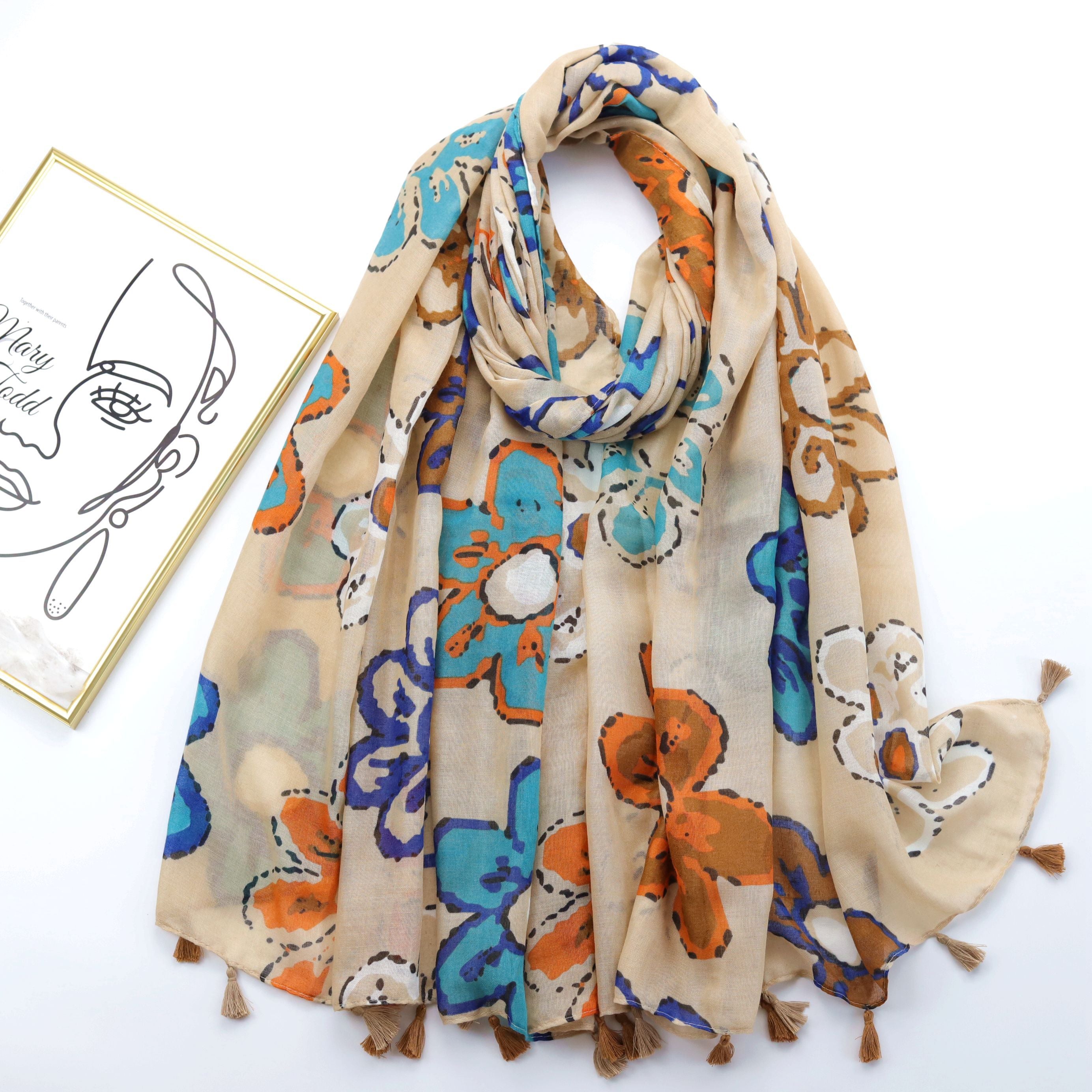 Colorful Flower Graffiti Tassel Scarf Beige Printed Shawl