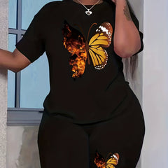 Women's Plus Butterfly Print Top & Shorts Two Piece Set