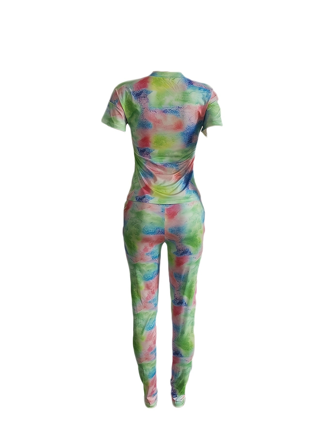 Casual Tie Dye 2pc Set V Neck T-shirt & Slim Pants Outfit