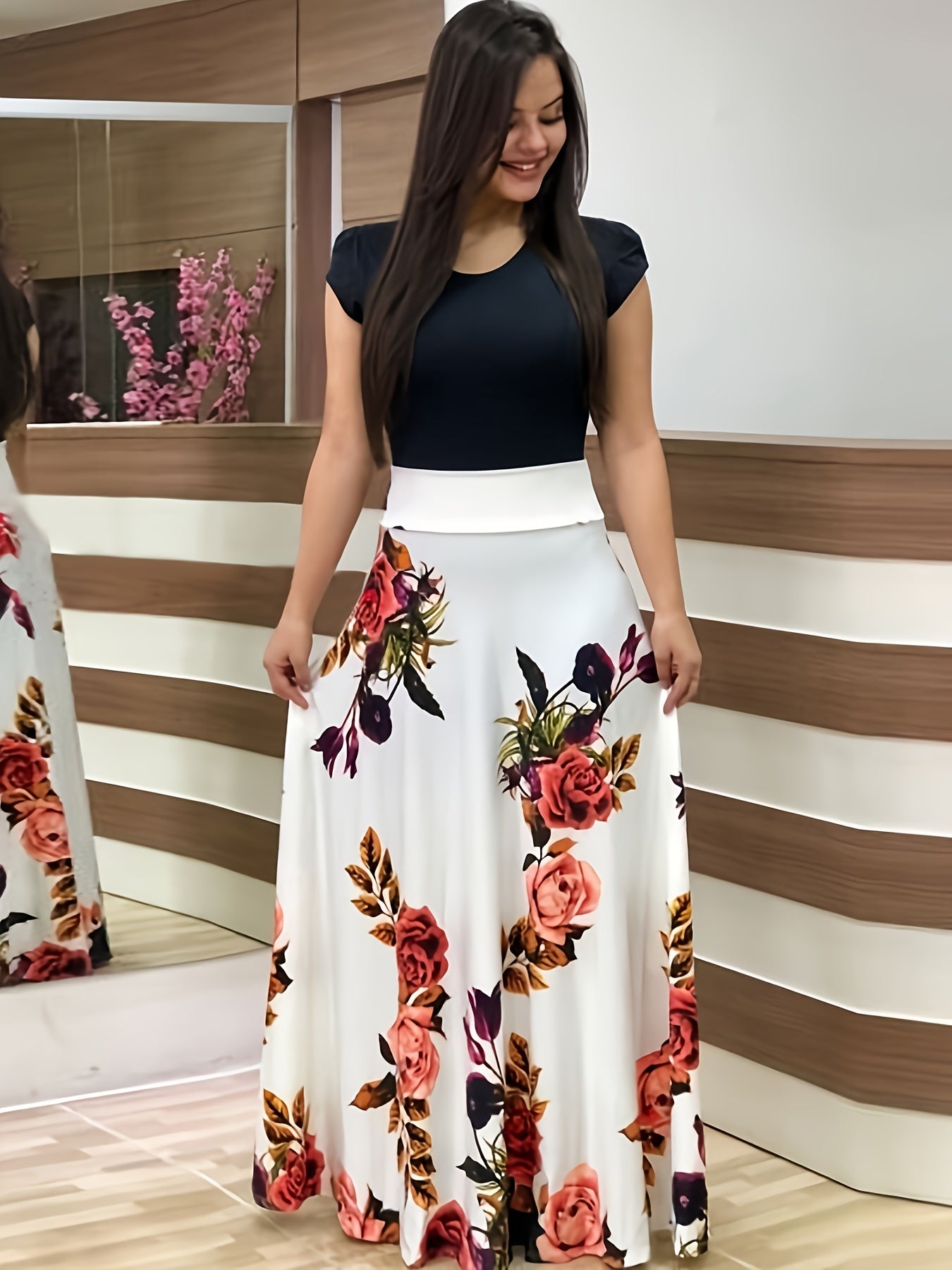 Casual Floral Print Dress Crew Neck Short Sleeve Dress